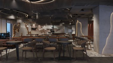 Açık hava yemek alanı, minimalist masaları, sandalyeleri ve açık konsepti olan minimalist bir çatı restoranı.