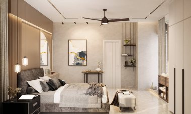 Şık ve Çağdaş Yatak Odası Oasis iç tasarımı bir yatak ve kişisel eşyalar oluşturun