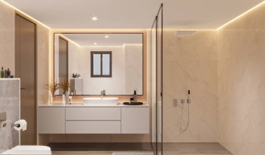 Lavabo, kibir ve ayna, cam kapı duşu ve küveti olan modern banyo.