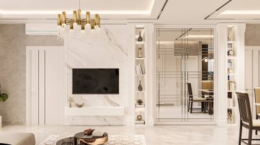 Dolaba ve aksesuarlara monte edilmiş bir televizyon duvarı, akıllı oturma odası için beyaz konsept.