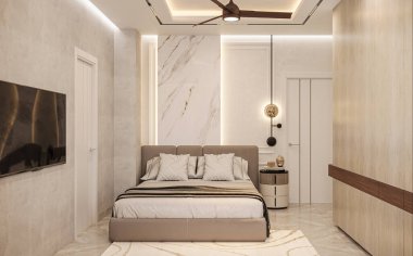 3 boyutlu görüntüleme. Modern yatak odası iç mekan. dünyevi şemada kullanılır