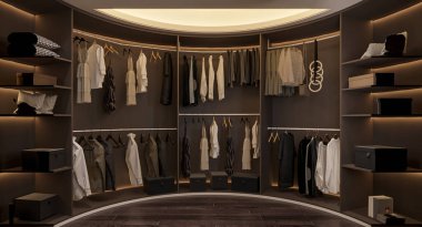 3D modern yatak odası, gardırop ve dolap.