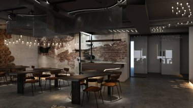 Bir restoranın ve kafenin 3 boyutlu modeli. Basit ve pürüzsüz bir ifadeyle süslenmiş.