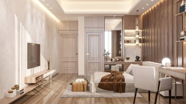 Sakin ve nötr bir yatak odası, düşük profilli bir yatak odası ve duvara monte edilmiş TV konsolu ve çalışma masası.