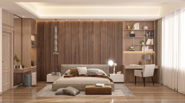 Bej yatak odası, yatak odası, şık dekorasyon, tuvalet masası ve ayna.