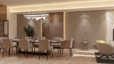 Altın Aksanlı Büyüleyici Yemek Odası, LED Modern Avizeler ve Lüks Masa Ayarları.