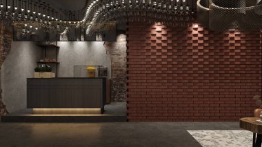 Eski restoranın iç mekanı, tuğla duvar ve ahşap tezgah..