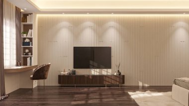 Televizyon dolabı ve çalışma masasıyla dekore edilmiş minimalist tarzda bir yatak odası. 3d oluşturma