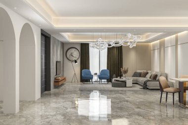 Minimalist İskandinav tasarımı olan rahat bir oturma odası, açık yemek alanından geçiyor.