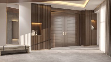 Geniş ve geniş bir iç kapı koridoru antresi. İç kısımda oturma bankı ve kıyı renkleri var.