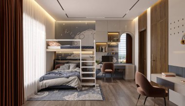 Yatak odası, ranza, dolap ve çalışma masası olan bir çocuk odası tasarımı, bir gencin bilgisayarı, tavan arası tarzı çocuk.