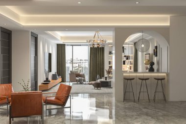 Oturma odasının yaratıcı kompozisyonu mutfak alanı ve modern apartman lobisi..