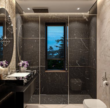 Zarif mozaik siyah fayanslar Tasarımcı Banyo Büyük Banyo Gösterimi