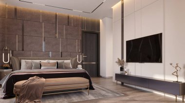 Modern yatak ve dekorasyonla kırsal renkte minimal yatak odası iç tasarımı