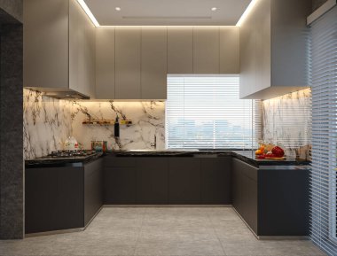 Ada, tabure ve pencereli modern ahşap ve gri mutfak, mimari minimalist iç tasarım