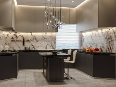 Pürüzsüz yüzeyleri, entegre aletleri ve işlevsel ama zarif bir düzeni olan geniş modern klasik minimalist mutfak.