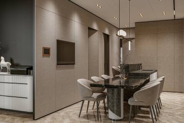 Bar dekorasyonu, açık mutfak ve yemek alanı olan modern bir daire..