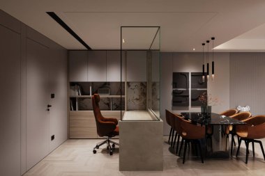 Modern ve rahat iç mekan, kahverengi sandalyeli yemek odası ve beyaz masa. Cam bölme çalışma alanı