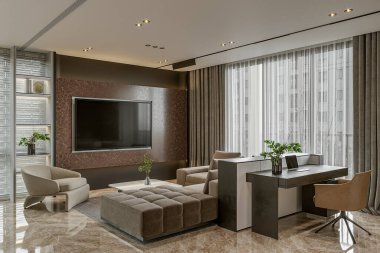 Konsept manzaralı lüks modern oturma odası yemek odası mutfağı ve koyu mermer.