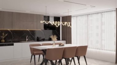 Üç boyutlu animasyon. Mutfak ve yemek alanı modern tarzda iç tasarım modern bir evde açık alan