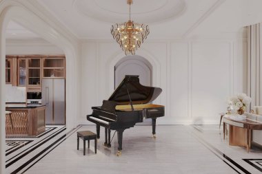 Klasik bir oturma odası. Büyük piyanosu ve kristal avizesi var.