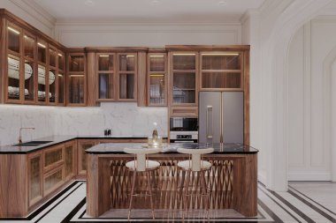 Yüzyıl ortası tarzı bir mutfak tasarımı. Ahşap bir dolabı, dolabı ve tezgahı var. tavan arası dekoru