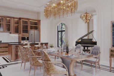 Klasik yemek alanının ve dinlenme odasının iç tasarımı