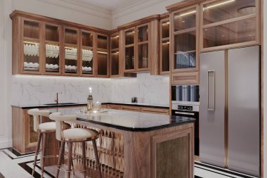 Lüks kırsal mutfak, ahşap dolap ve dolap, klasik bir apartman dairesinde.