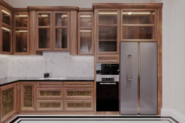 Modern orta çağ mutfağı ahşap dolaplar, beyaz mermer döşeme, buzdolabı ve fırın.