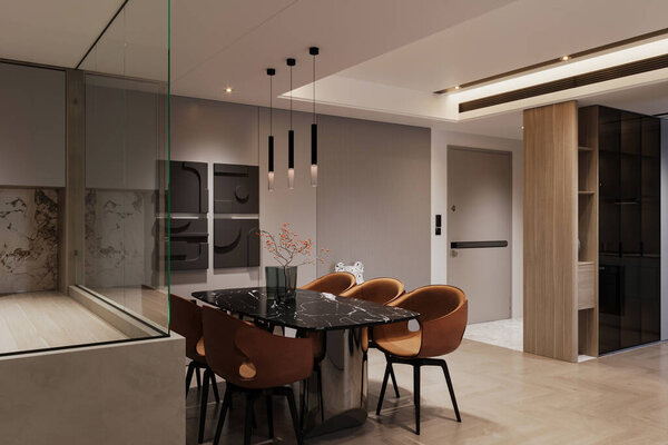 Modern and comfortable interior, dining room with brown chairs and a black table