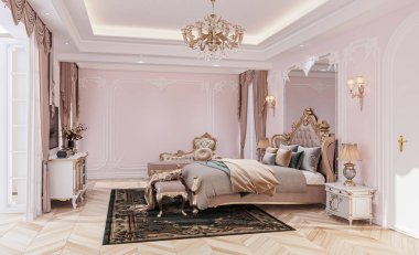 Klasik lüks yatak odası iç tasarımı, beyaz ve toz pembe boya rengi ve büyük boy klasik yatak.