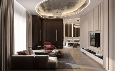 Klasik tarz yatak odası. Lüks evde modern yatak.