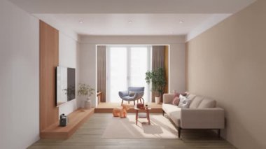 Modern minimalist oturma odasının kapı balkonlu hali, oda ahşap zemin, beyaz duvarlar ve bir koçlu panel içeriyor.