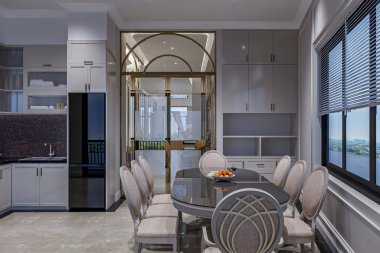 Güzel mutfağın iç dizaynının üç boyutlu bir çizimi.