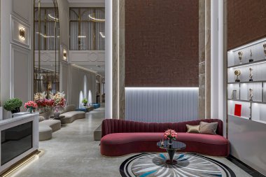 Büyük lüks spa ve salon resepsiyon salonu, büyük oturma alanı.