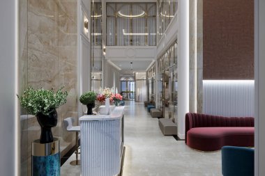 Tarafsız Tonlar ve Minimalist Biçimli Çağdaş Lobide Parlak Resepsiyon Masası