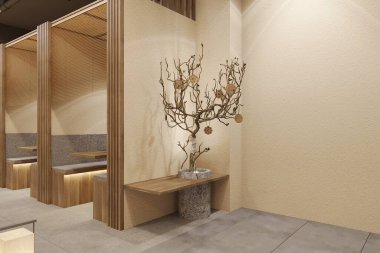 Süslü beyaz ve ahşap kahve dükkanı.