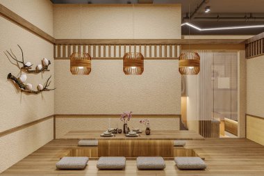 Japon tarzı restoran iç dekorasyonu modern kafeteryadaki ahşap malzemelerden mobilyalar..