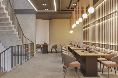 İskandinav tarzı restoranın içinde bir yemek masası ve raf ekranı klasik bir atmosfere sahiptir.