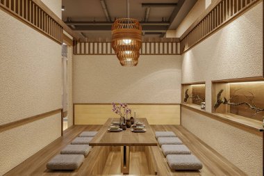 Tatami paspası, alçak ahşap masası ve ahşap döşemesi olan bir restoranın içi..