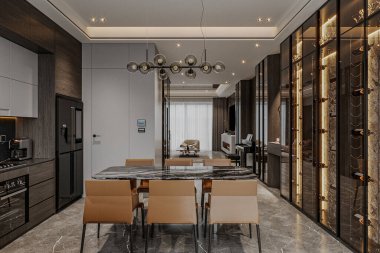 Geniş bir mutfak manzarası modern evdeki akşam yemeğine kadar uzanıyor.