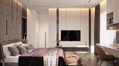 Bir Büyük Yatak Odası Tarz ve Sofistike Epitome 'dur. Gün ışığı yatak odasına giriyor.