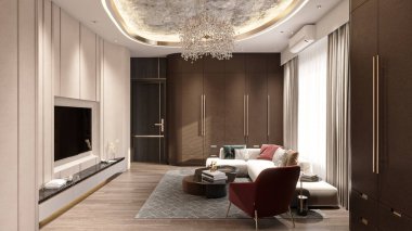 Çağdaş resmi yaşam alanının lüks iç tasarımı. Temiz ve temiz iç unsur.