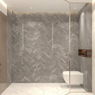 Gri duvarlı, beyaz mermer döşemeli modern banyo.