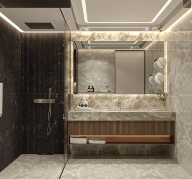 Led ışıklandırmalı, gösterişli ve duşlu parlak gri mermer banyo.