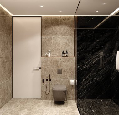 Sıcak ve gri tuvalet, iç görüntü, 3 boyutlu illüstrasyon