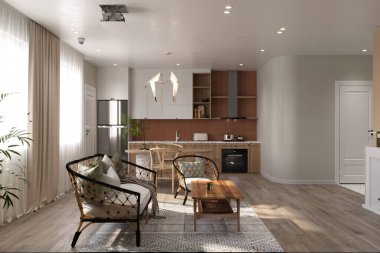 Modern oturma odasının 3 boyutlu görüntüsü iç tasarım, güneş ışığı mekanı ve mobilyaları aydınlatıyor