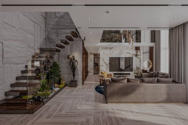 Davet Odası Sıcak Renkli Mobilyalar, Kanepe ve sandalye Oturma odasında, koy penceresi, daire