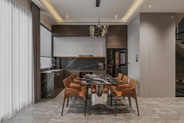 Modern yemek odası iç tasarımı, rahat mutfağın modern iç tasarımı.