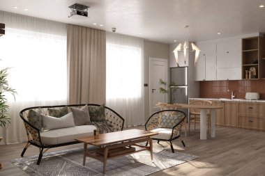 İçi fotokopi alanı olan rahat oturma odasının şık kompozisyonu